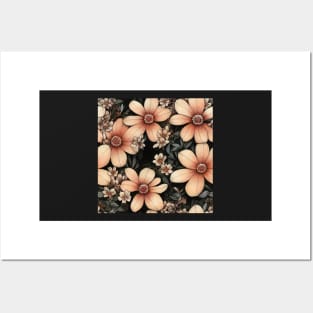 Vintage Peach Floral Design on Dark Grey Background Posters and Art